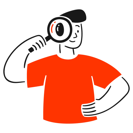 An illustrated person holding a magnifying glass to their eye