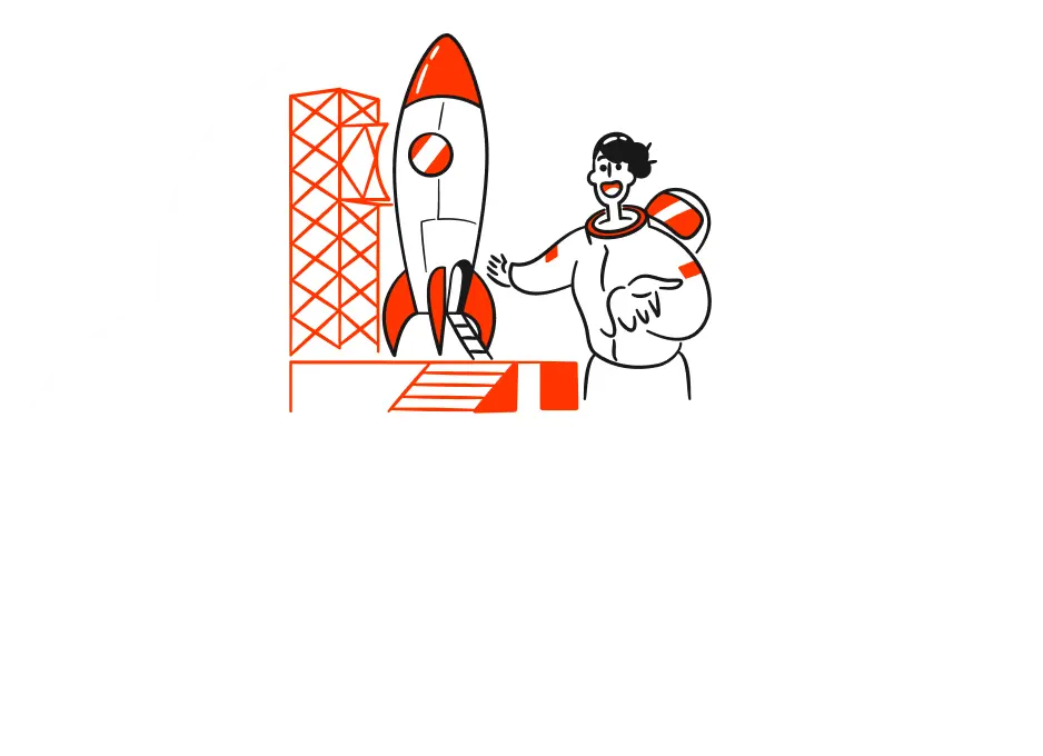 Astronaut standing in front of rocket on a launch pad